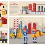 flat-oil-industry-composition-with-industrial-workers-transporting-pipeline-petrochemical-plant-fuel-station-pump-flasks-canisters_1284-35489