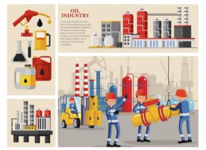 flat-oil-industry-composition-with-industrial-workers-transporting-pipeline-petrochemical-plant-fuel-station-pump-flasks-canisters_1284-35489